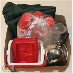 LARGE BOX OF CAMP GEAR INCL. RED CUPS,