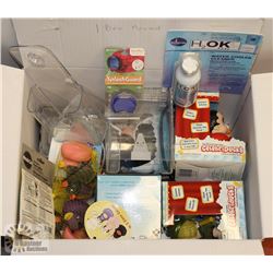 BOX OF MIXED HOT TUB ORNAMENTS, BROCHURE HOLDER