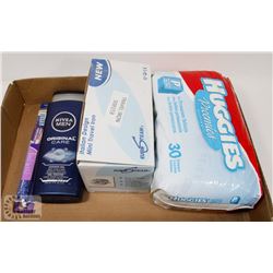 NEW ITEMS.IRON,DIAPERS,SHOWER GEL,TOOTHBRUSH