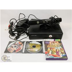 XBOX 360 CONSOLE WITH CABLES, KINECT, 3 GAMES
