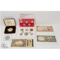 LOT OF ASSORTED WORLD COINS, NOTES  AND TOKENS