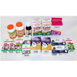 BAG OF ASST VITAMINS, DROPS AND COLD MEDS.