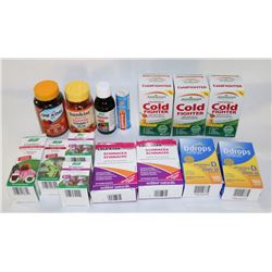 BAG OF ASST VITAMINS, DROPS AND COLD MEDS.