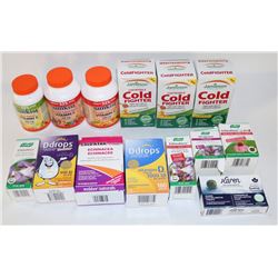 BAG OF ASST VITAMINS, DROPS AND COLD MEDS.
