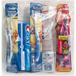 BAG OF ASSORTED KIDS TOOTHBRUSHES AND CREST