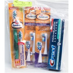 BAG OF SPINBRUSH, REPLACEMENT HEADS & TOOTHPASTE