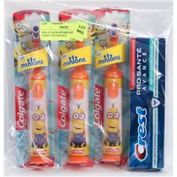BAG OF KIDS SPINBRUSHES AND CREST TOOTHPASTE