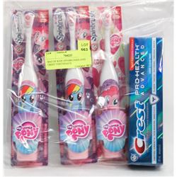 BAG OF KIDS SPINBRUSHES AND CREST TOOTHPASTE
