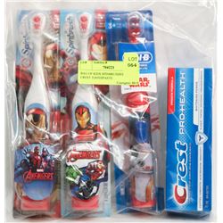 BAG OF KIDS SPINBRUSHES AND CREST TOOTHPASTE