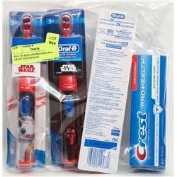 BAG OF KIDS SPINBRUSHES AND CREST TOOTHPASTE
