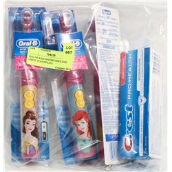 BAG OF KIDS SPINBRUSHES AND CREST TOOTHPASTE
