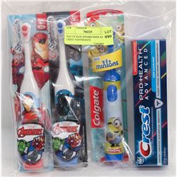 BAG OF KIDS SPINBRUSHES AND CREST TOOTHPASTE