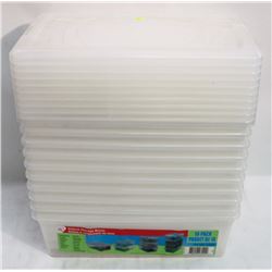 STACK OF PLASTIC STORAGE BINS