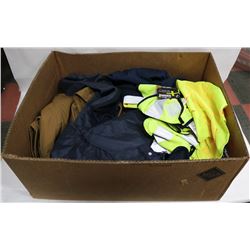 LOT OF 3 HI-VIS SAFETY VESTS, HOODS, & CHAINSAW