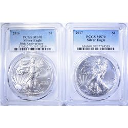 2016 & 2017 AMERICAN SILVER EAGLES, PCGS MS-70