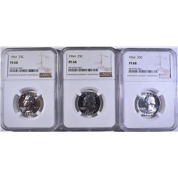 3-1964 WASHINGTON QUARTERS, NGC PF-68