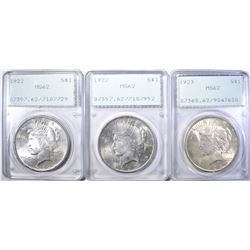 1923 & 2-22 PEACE DOLLARS PCGS MS-62 RATTLER HOLDE
