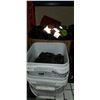 Image 1 : BOX OF TOOL BELTS, HIGH VIS, AND 2 TOTES OF CHAIN
