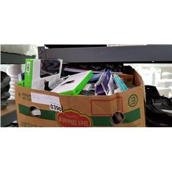 BOX OF DVDS, RS TABLET AND PHONE CASES