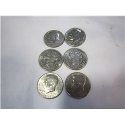 4 50 CENT AMERICAN COINS AND 2 CANADIAN SILVER DOLLARS