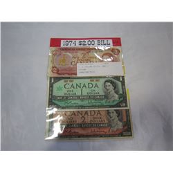 2 2 DOLLAR BILLS AND 1 DOLLAR CANADIAN BILL