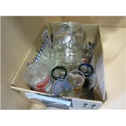 BOX OF SHOT GLASSES AND SKULL MUGS