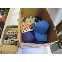 BOX OF HATS, GLOVES, SUSPENDERS, TRAY OF METAL DECORATIONS, AMETHYST AND BEADS