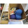 Image 1 : BOX OF HATS, GLOVES, SUSPENDERS, TRAY OF METAL DECORATIONS, AMETHYST AND BEADS