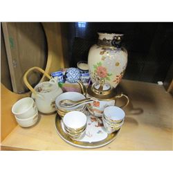 SHELF LOT OF ASAIN TEA SET AND VASE