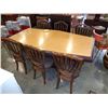 Image 1 : LARGE PEDESTAL DINING TABLE W/ 6 CARVED SHIELD BACK DINING CHAIRS AND LEAF