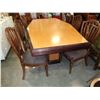 Image 2 : LARGE PEDESTAL DINING TABLE W/ 6 CARVED SHIELD BACK DINING CHAIRS AND LEAF