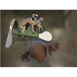 COWBOY INSPIRED WEATHERVANE AS IS AND WOOD SPINNER