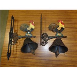 2 WALL MOUNT CAST IRON ROOSTER BELLS