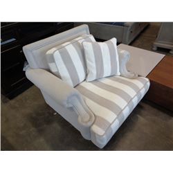 ASHLEY FLOOR MODEL CONTEMPORARY GREY AND WHITE STRIPED ARM CHAIR - STAIN ON CORNER OF SEAT CUSHION