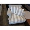 Image 2 : ASHLEY FLOOR MODEL CONTEMPORARY GREY AND WHITE STRIPED ARM CHAIR - STAIN ON CORNER OF SEAT CUSHION