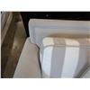 Image 3 : ASHLEY FLOOR MODEL CONTEMPORARY GREY AND WHITE STRIPED ARM CHAIR - STAIN ON CORNER OF SEAT CUSHION