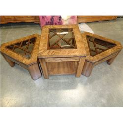 WALNUT GLASSTOP END TABLE AND 2 MATCHING TRIANGLE TABLES