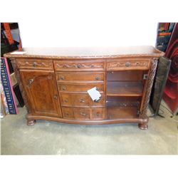ASHLEY FLOOR MODEL HIGHLY CARVED MAHOGANY SERVER, MISSING ONE DOOR, RETAIL $2262