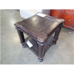 ASHLEY FLOOR MODEL RUSTIC FINISH END TABLE W/ PULL OUT TRAY