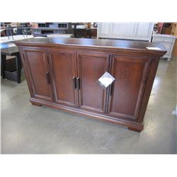 ASHLEY FLOOR MODEL 4 DOOR DINING ROOM SERVER IN CHERRY MAHOGANY FINISH, RETAIL $1587