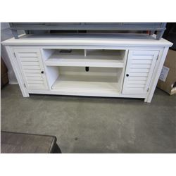 ASHLEY FLOOR MODEL WHITE 2 DOOR ETERTAINMENT STAND - NEEDS REPAIR AND COSMETIC DAMAGE