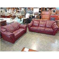 BURGUNDY LEATHER SOFA AND LOVE SEAT