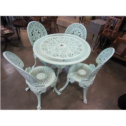 CAST IRON BISTRO TABLE W/ 4 CHAIRS