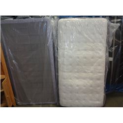 TWIN SIZE BED MATTRESS, BOX SPRING, AND ROLLER FRAME