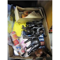 BOX OF CARVED WOODEN ELEPHANTS, KNITTINGS AND VINTAGE BOOKS