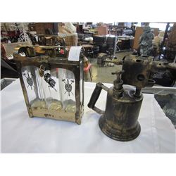 SMALL LIQUOR DECANTER SET AND ANTIQUE TORCH