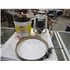 Image 1 : SMALL BARREL MAKING CLAMP, VINTAGE BUCKET, AND WHITE OIL LANTERN