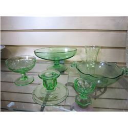 LOT OF GREEN DEPRESSION GLASS SERVING PIECES, CUPS, AND CANDLE STICKS