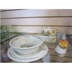 BUNNYKINS SET W/ SAUCER, CUP, PLATE, AND PETER RABBIT DISH