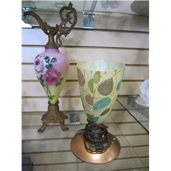 MID CENTURY TABLE LAMP AND GLASS AND METAL DECORATION